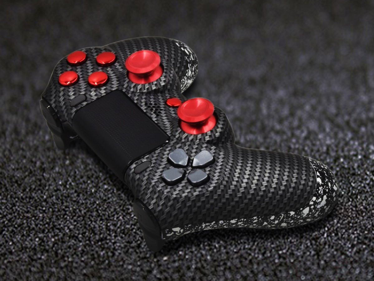 Carbon Fiber PS4 Controller With White And Red Accents